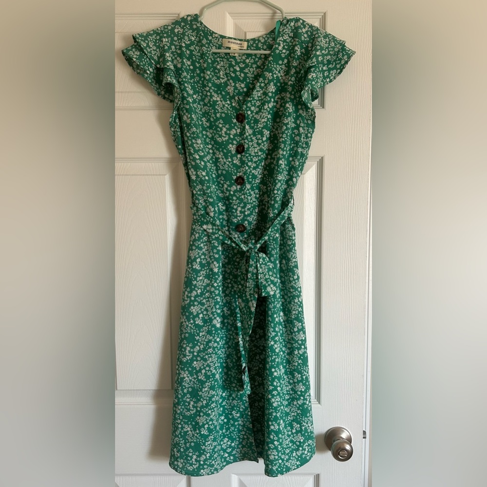 Green floral button up midi dress